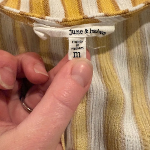 June & Hudson Mustard White Striped Flutter Sleeve Sweetheart Jumpsuit Medium - Picture 5 of 5